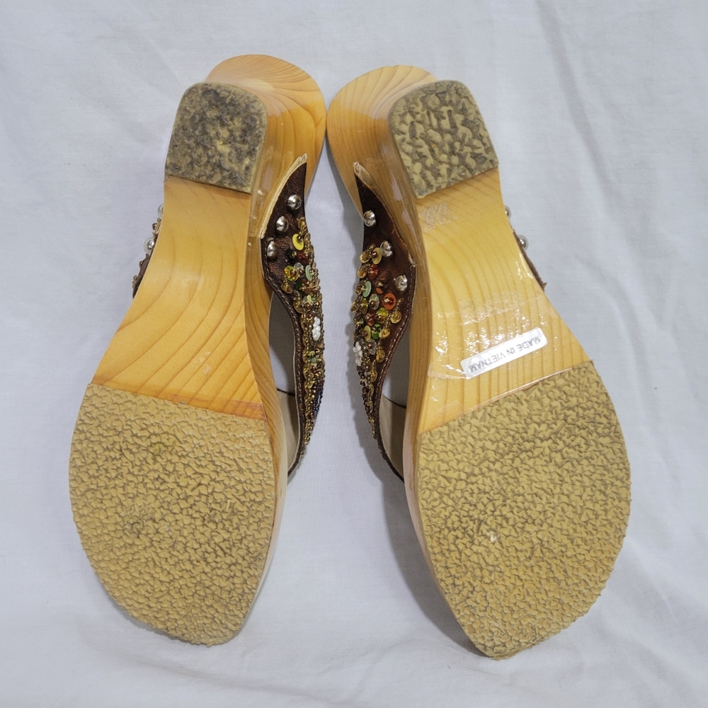 Vintage Y2K Bamboo Wooden Wedge Sandals Boho Sequin Painted Size 7 - Picture 11 of 13